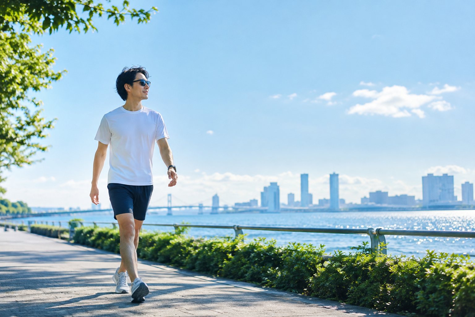 晴れた日、海沿いの遊歩道を、白いTシャツと紺のショートパンツ、サングラス姿の男性が、歩いている。奥には、橋と高層ビルの並ぶ街が見える。AIで作った絵で、実在の人物の写真ではない