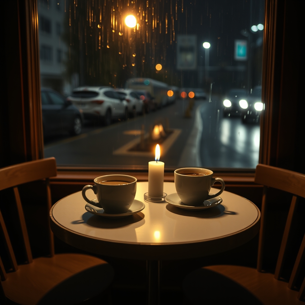 夜のカフェの小さな丸いテーブルに、向かい合わせのコーヒーカップが2つと、ろうそく。窓の外は雨。AIで作った絵で、実際の写真ではない。