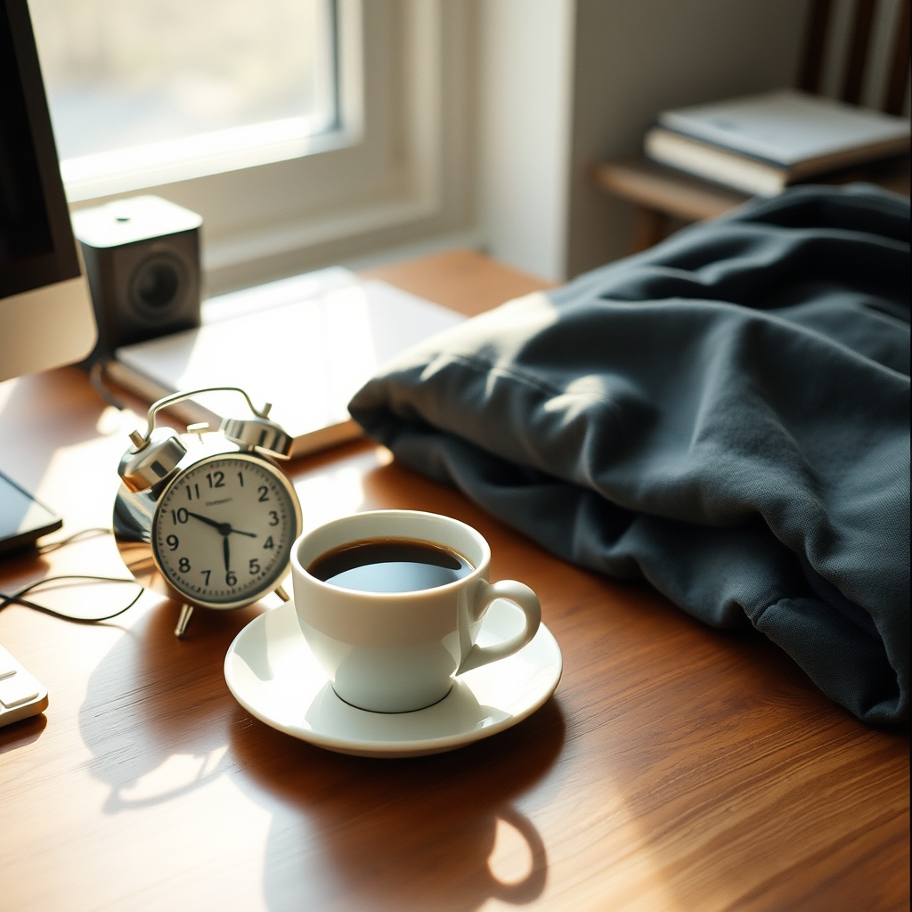午後の日が差す木の机に、コーヒーカップと小さな目覚まし時計。横に、枕がわりにたたんだ上着が置かれている。AIで作った絵で、実際の写真ではない。