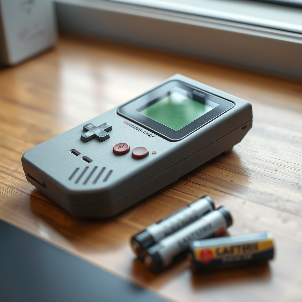 木の机の上に置かれた、灰色の携帯ゲーム機と、3本の電池。小さな緑色の画面と、十字のボタン、赤い丸いボタンがある。AIで作った絵で、実物の写真ではない。