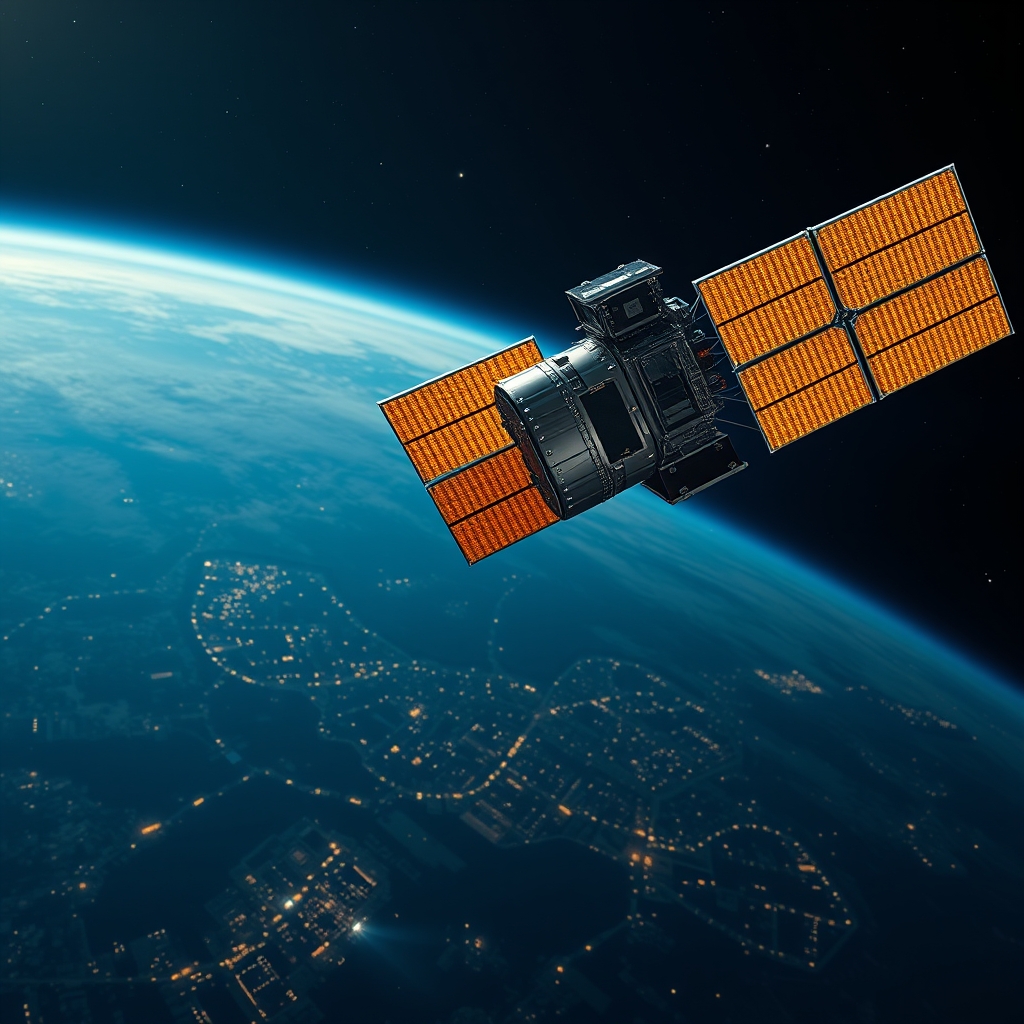 夜の地球の上を回る、金色の太陽電池パネルを広げた人工衛星。下には街の灯りが点々と見える。AIで作った絵で、実在の衛星の写真ではない。