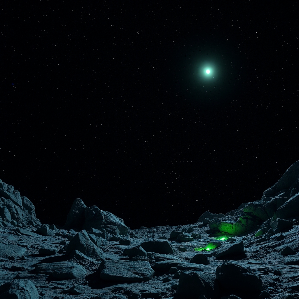 暗い星空に、小さな緑色の星が光っている。手前は、岩だらけの惑星の地面。AIで作った想像の絵で、実際の星の写真ではない。