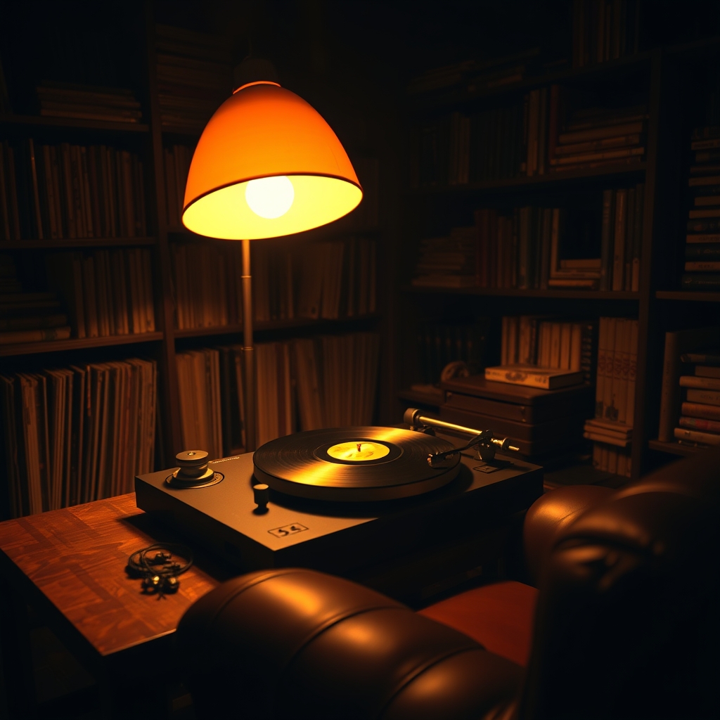 夜の部屋。琥珀色のランプの下で、レコードプレーヤーが回っている。奥の棚には、レコードと古い本。手前に革の椅子。