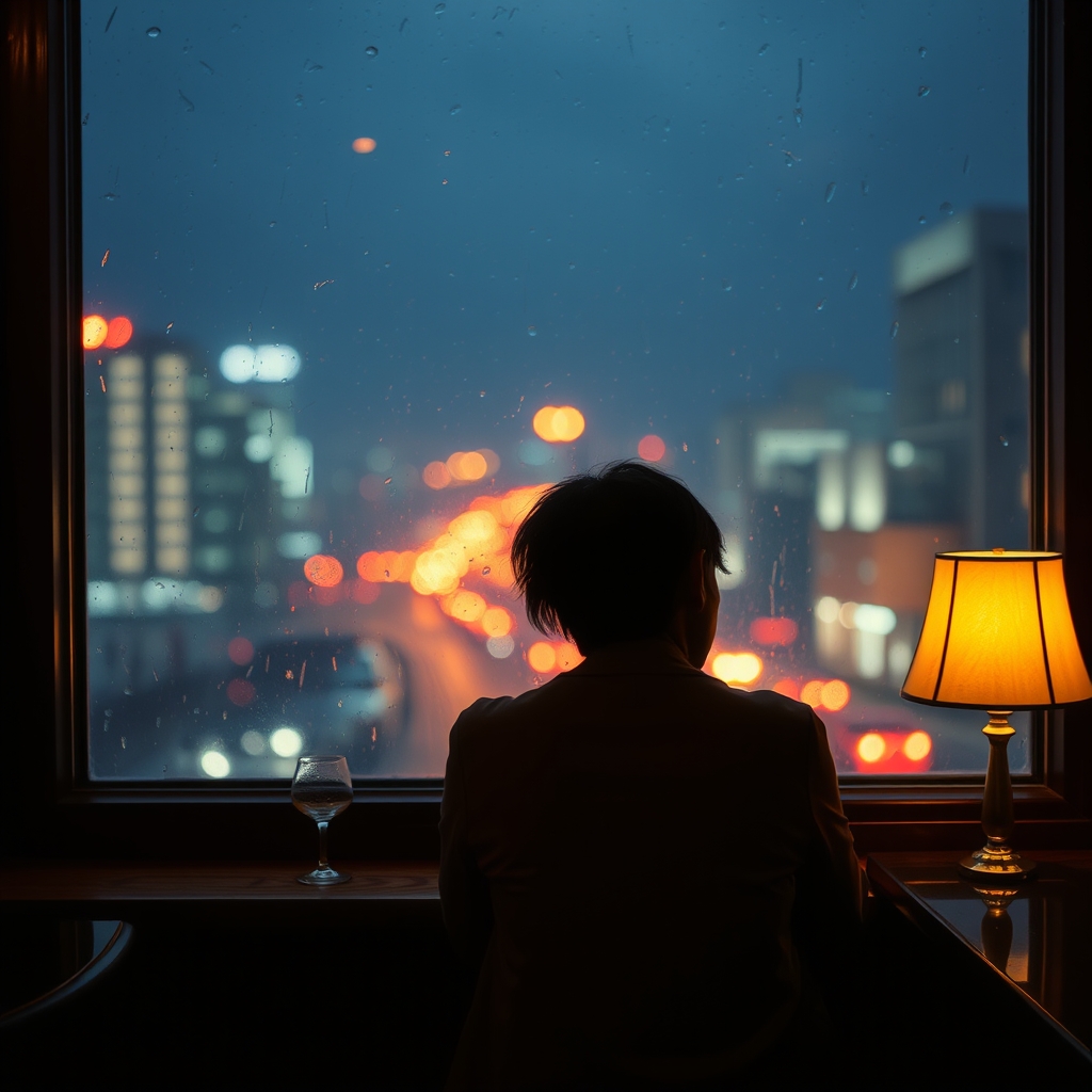 雨の夜、バーの大きな窓辺に一人で座る人の後ろ姿。窓の外には、にじんだ街の灯り。手元に、琥珀色のランプとグラス。
