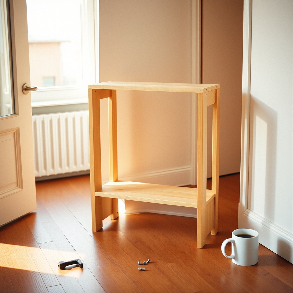 日の差す部屋の木の床に、組み立てたばかりの白木の小さな棚。床には六角レンチとねじ、横にコーヒーのマグ。AIで作った絵で、実際の写真ではない。