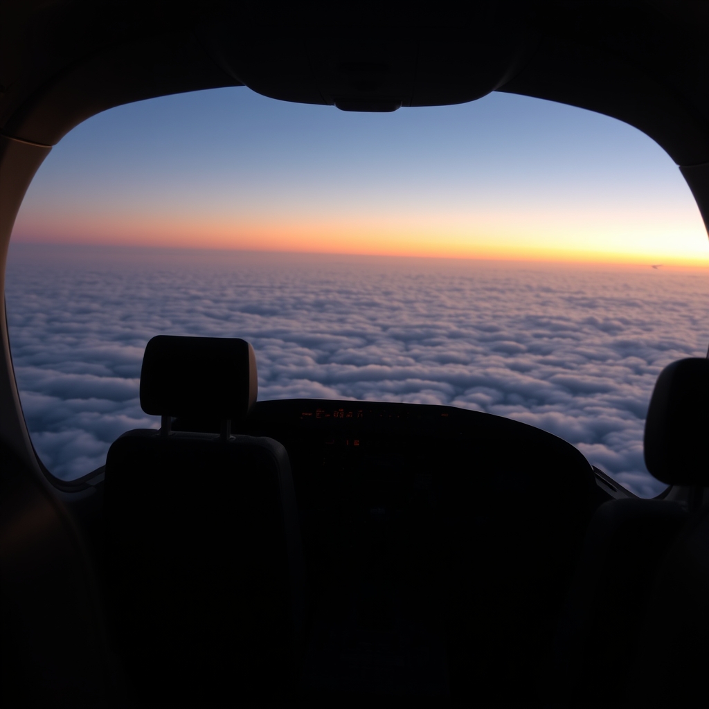 夕暮れの雲の上を飛ぶ、飛行機の操縦席の中から見た景色。手前に2つの座席の背もたれ。オレンジと青の空。AIで作った絵で、実物の写真ではない。