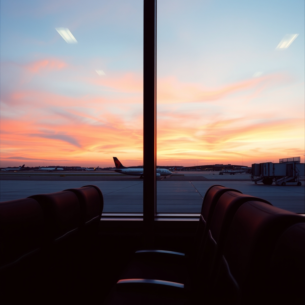 夕焼けの空港。大きな窓の向こうに飛行機と滑走路、手前に誰もいない待合いの座席。AIで作った絵で、実際の写真ではない。