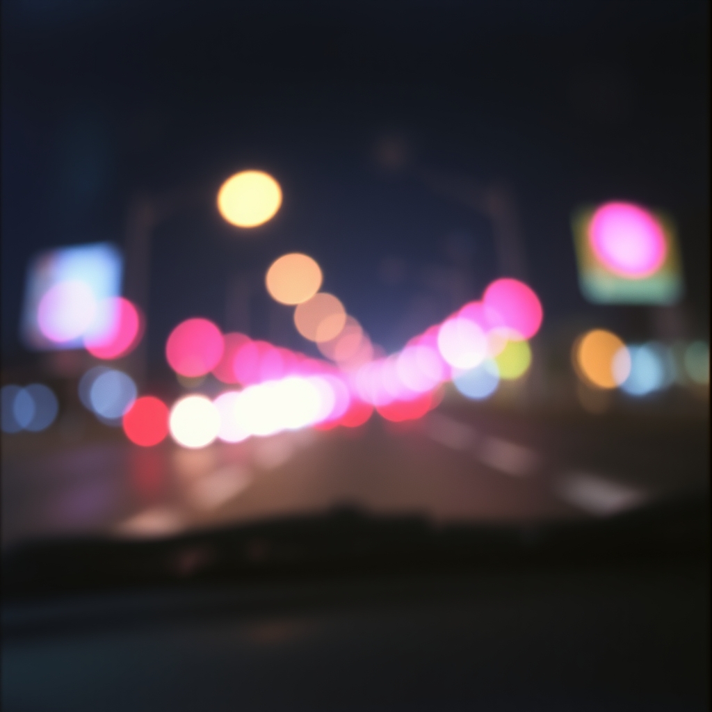 夜の車の窓越しに、ピンクや紫や青の街の灯りが、大きな丸いぼけになって浮かんでいる。AIで作った絵で、実際の写真ではない。