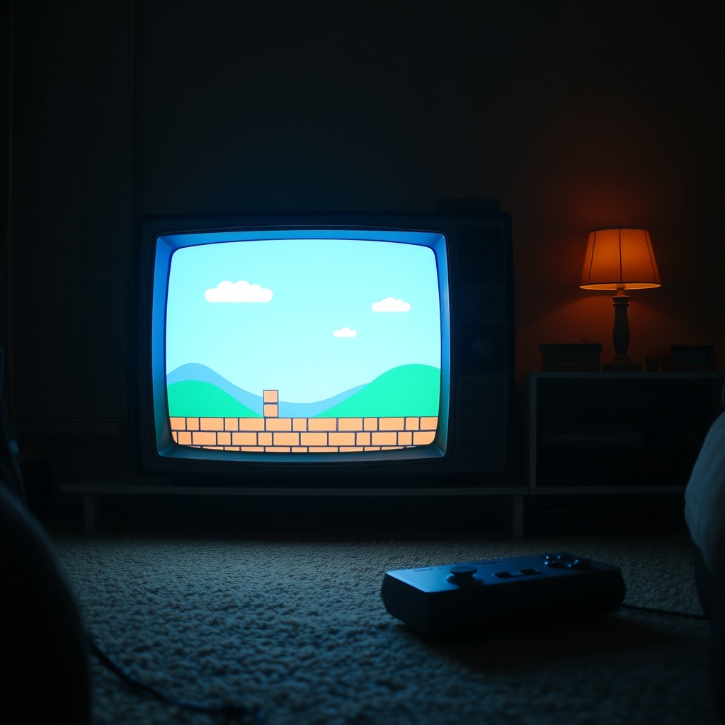 暗い部屋で、古いブラウン管テレビが光っている。画面には青空とレンガの床と緑の丘の、ドット絵の景色。床にコントローラー。AIで作った絵で、実際のゲーム画面ではない。