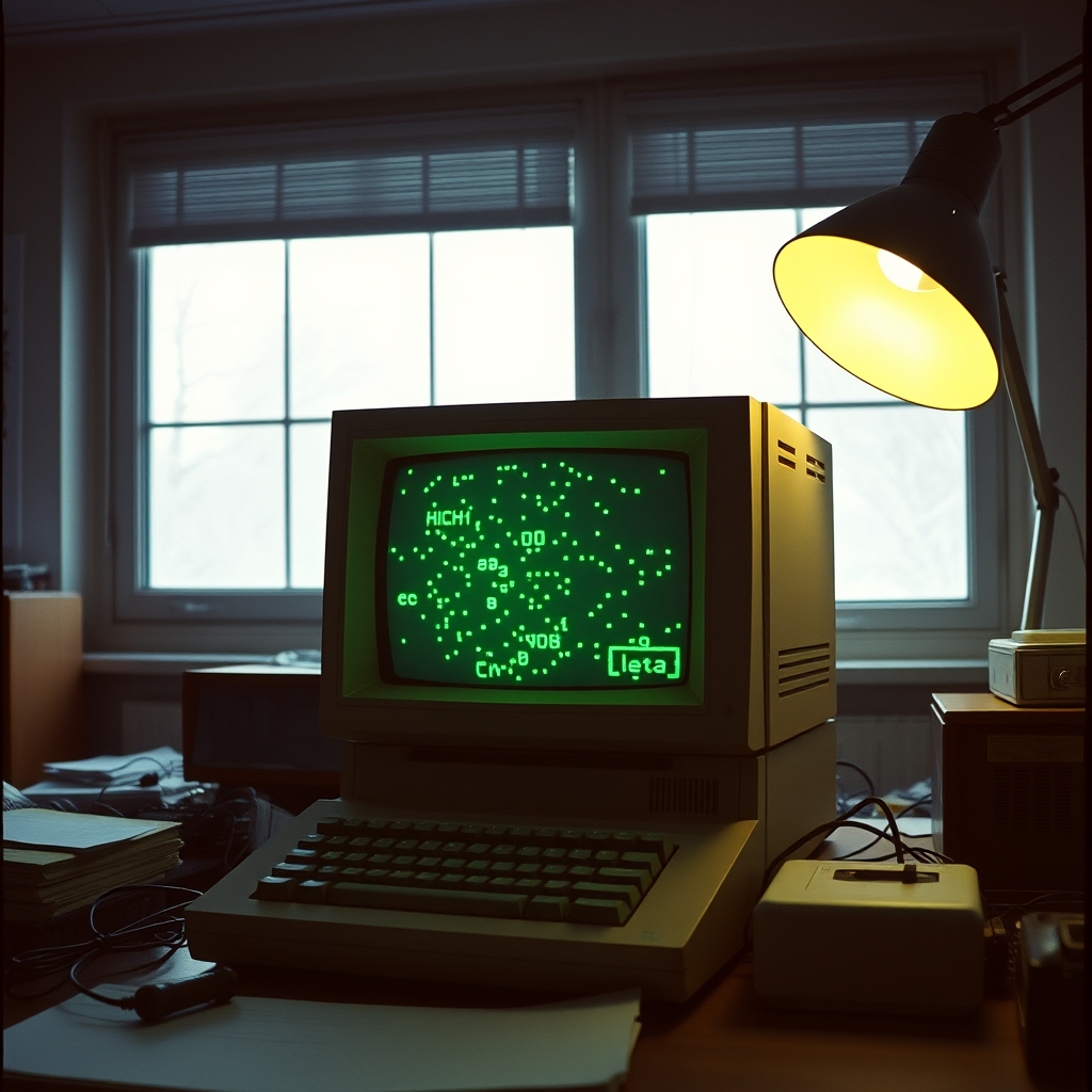 雪の窓辺の薄暗い部屋で、古いコンピューターの画面が緑色に光っている。手前にキーボード、右にデスクライト。AIで作った絵で、実際の写真ではない。