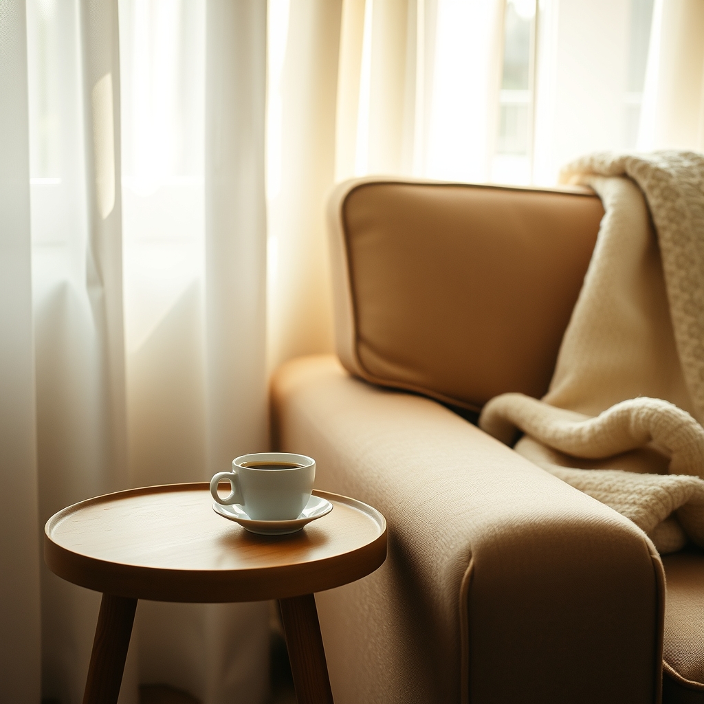 窓辺のソファの横の小さなテーブルに、コーヒーカップがひとつ。ソファには毛布。朝のやわらかい光。AIで作った絵で、実際の写真ではない。
