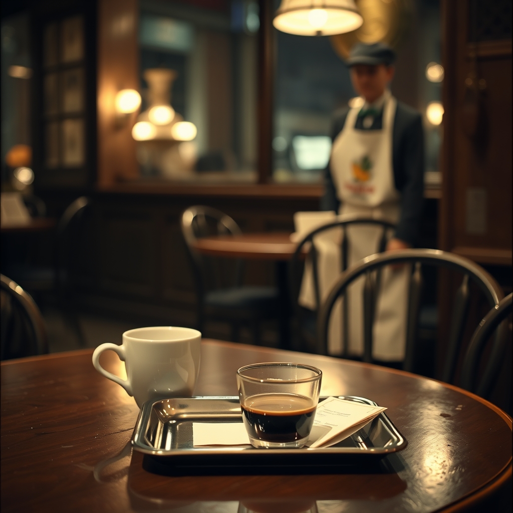 夜の古いカフェのテーブルに、銀のトレイにのった小さなコーヒーのグラスと、たたんだ勘定書き。奥に、白いエプロンのウェイターがぼんやり見える。AIで作った絵で、実際の写真ではない。